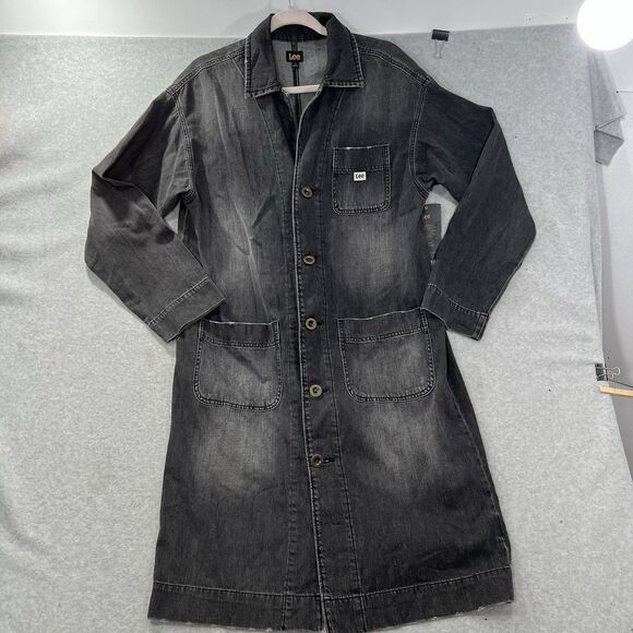 Vtg Style Lee Denim Jean chore Coat Barn Duster Mens MEDIUM Blk Trench Oversized - Picture 1 of 16